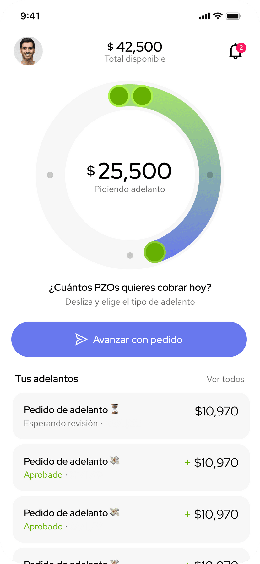 Captura de pantalla del Home de la aplicación PZO